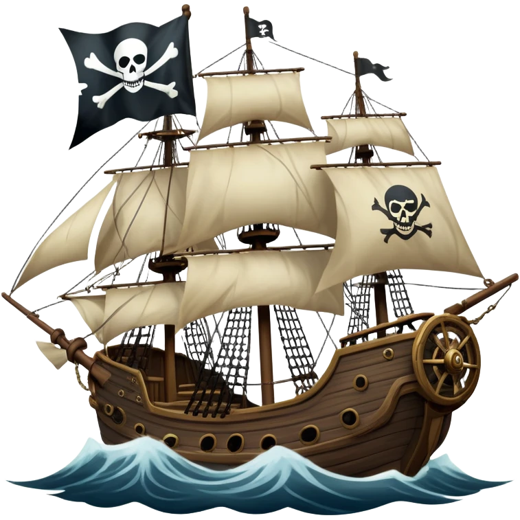 An icon representing an adventure game, inspired by high-seas exploration. The design features a fearless pirate gripping the wheel of a grand sailing ship, its tattered Jolly Roger flag billowing as it cuts through stormy waters. The scene evokes danger, treasure, and the thrill of the open sea. Transparent background. emoji