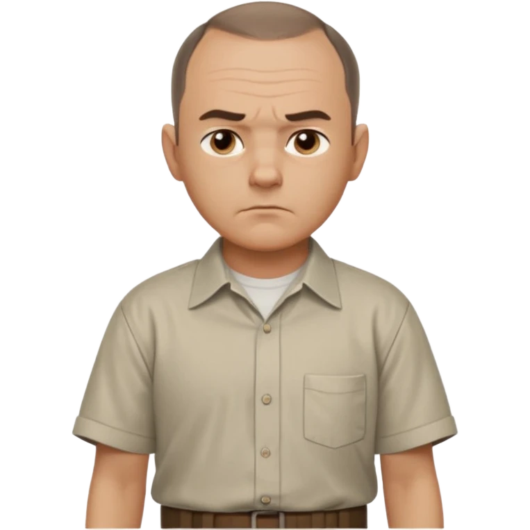 Carl from Sling Blade, serious expression, recognizable features, chin sticking out, slouching posture, no glasses, shirt with collar,  side view,show his entire body, he is standing. three-quarter face angle. He sticks his head forward. not apple style emoji emoji