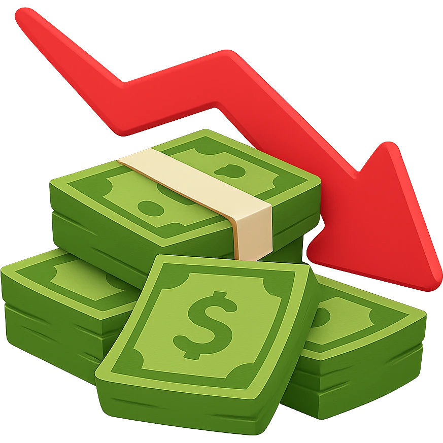 Inflation emoji, money losing value, red arrow, transparent background, apple style emoji emoji
