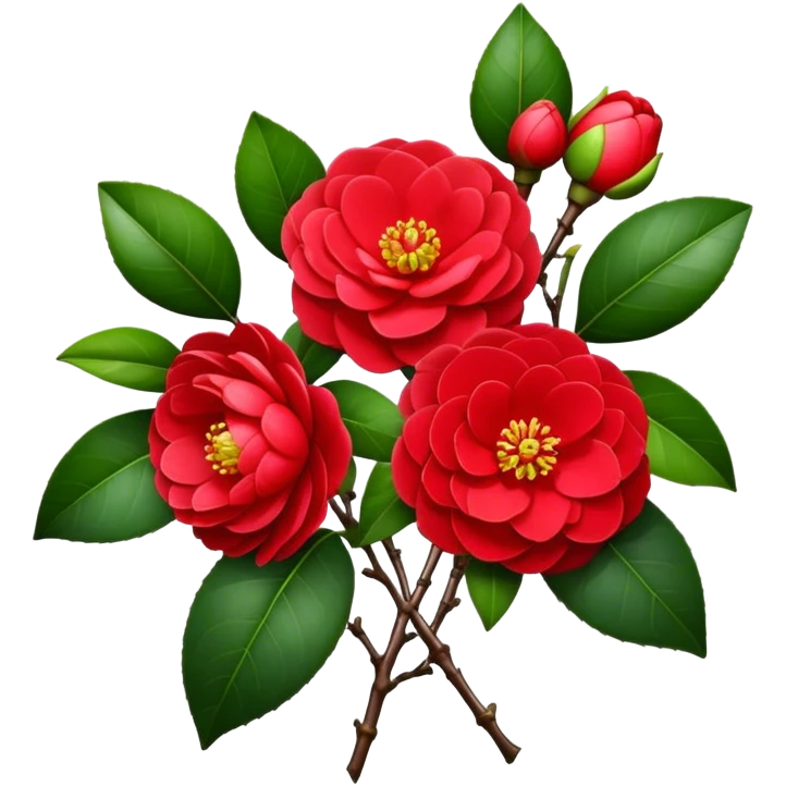 bouquet Red Camellia, luxuriant, stem, leaf, bud emoji