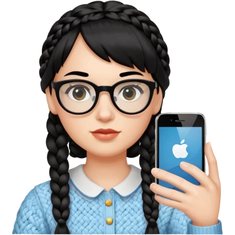 Black hair braided to one side, bangs, horn-rimmed glasses, and taking mirror selfies with iPhone white. Holding a phone to show the iPhone logo emoji