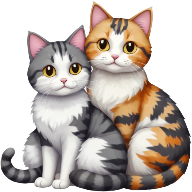 full body colourful light patched calico + white tabby cat cuddling a bigger cat that is dark grey and white tabby cat  emoji