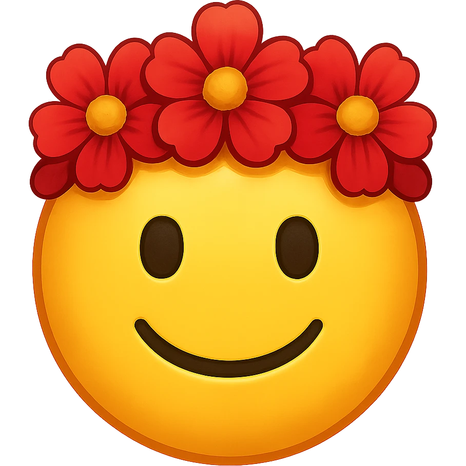 yellow face with red flower crown emoji, digital illustration, remove background emoji