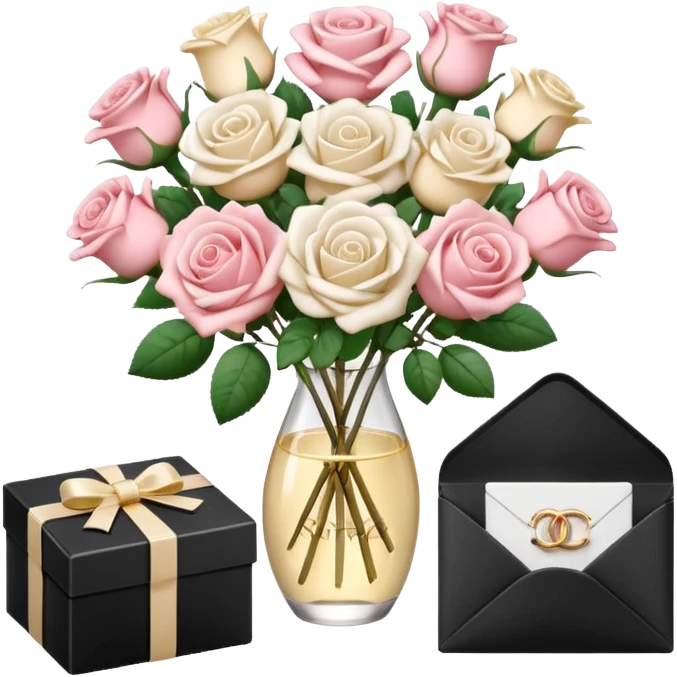 Cute white aesthetic emoji stickers set, including roses bouquet, engagement ring box, envelope with flowers, Chanel perfume, 3D render, glossy texture, delicate details, minimalist background, sticker style,  emoji