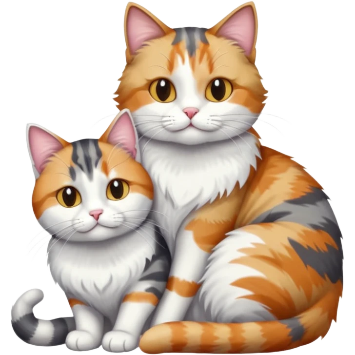 full body colourful light patched calico + white tabby cat cuddling a big grey and white tabby cat  emoji