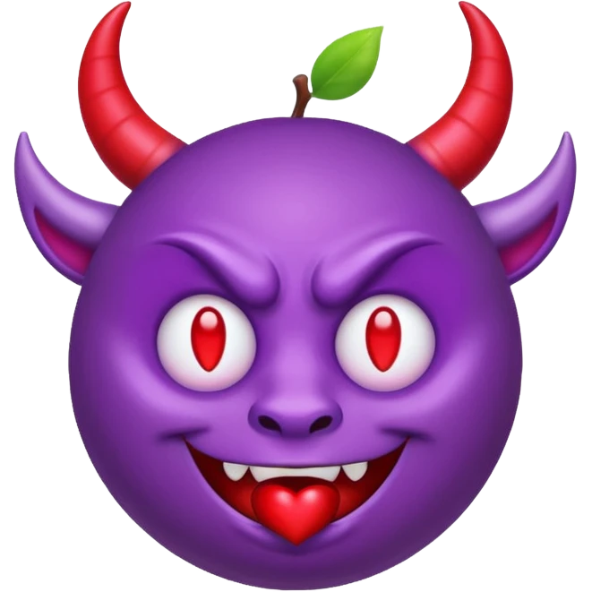 Purple demon emoji with red hearts for eyes, apple emoji, circular head with horns emoji