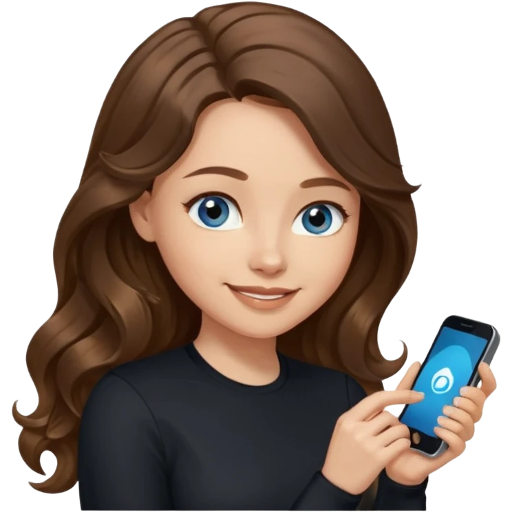 generate a pretty woman with blue eyes, light skin and long and really wavy shiny medium brown hair holding a phone while looking down at the screen. she is wearing an ALL black long sleeve. she is smiling emoji