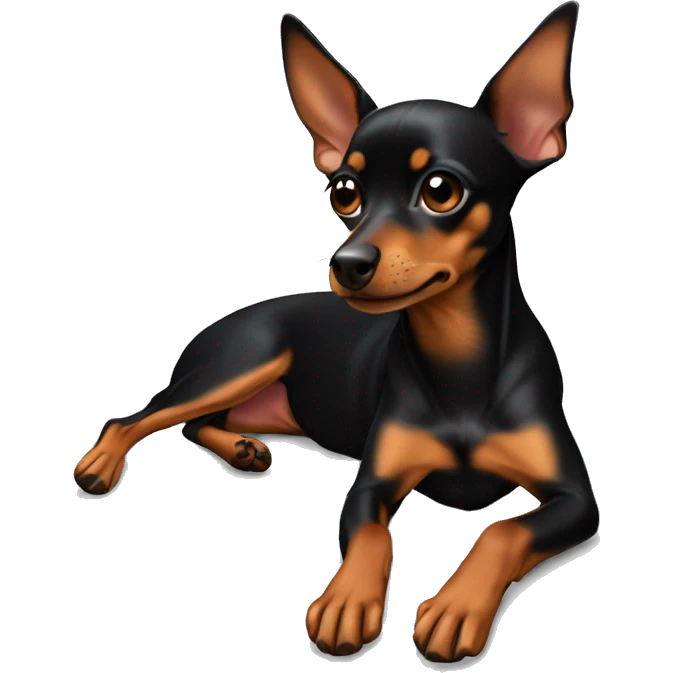 miniature pinscher, black brown color, laying down, arms horizontal paws hanging down a little emoji