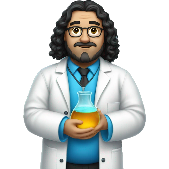 a white man fat chemist in a white coat with long wavy black hair holding a beaker with bright blue liquid, he has no glasses, no moustache emoji