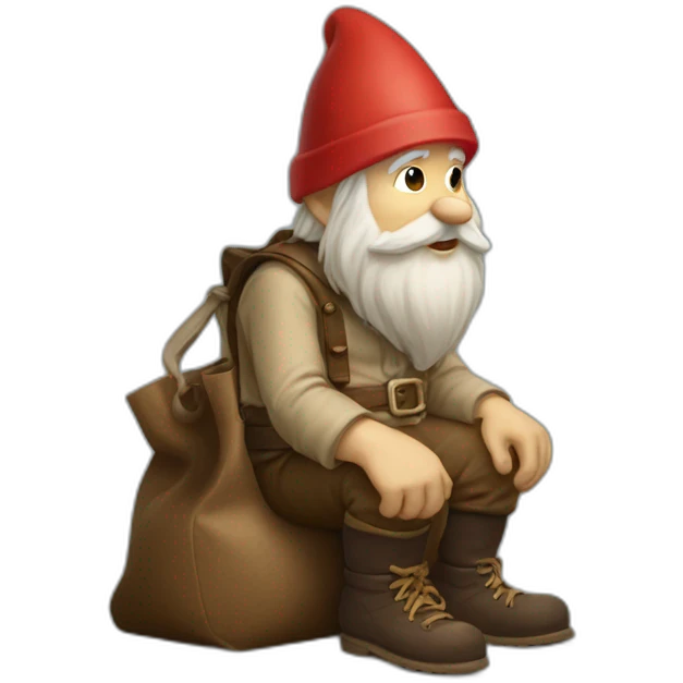side view of gnome with light tan pants sitting above a small dark brown bag emoji