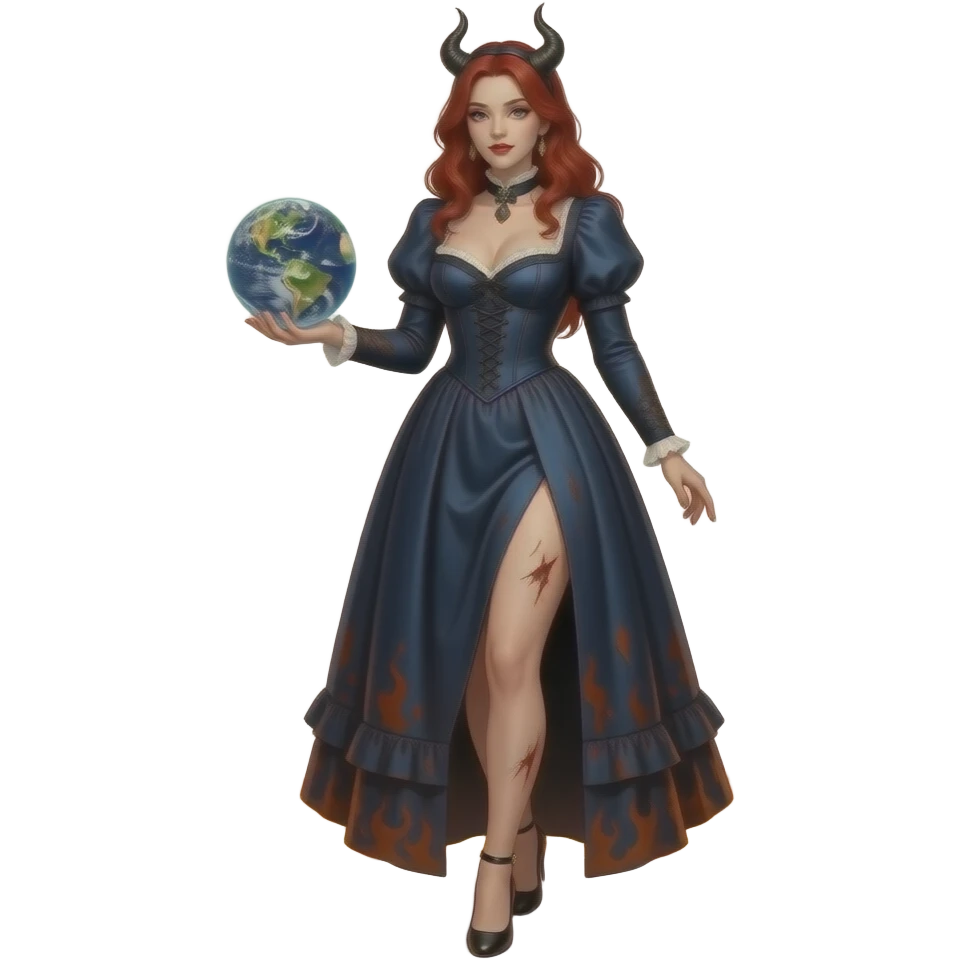 a seductive evil beautiful woman in a long dark blue dirty Victorian dress with a deep neckline carries in her palm a small planet Earth that radiates and steps out of a circle of fire emoji