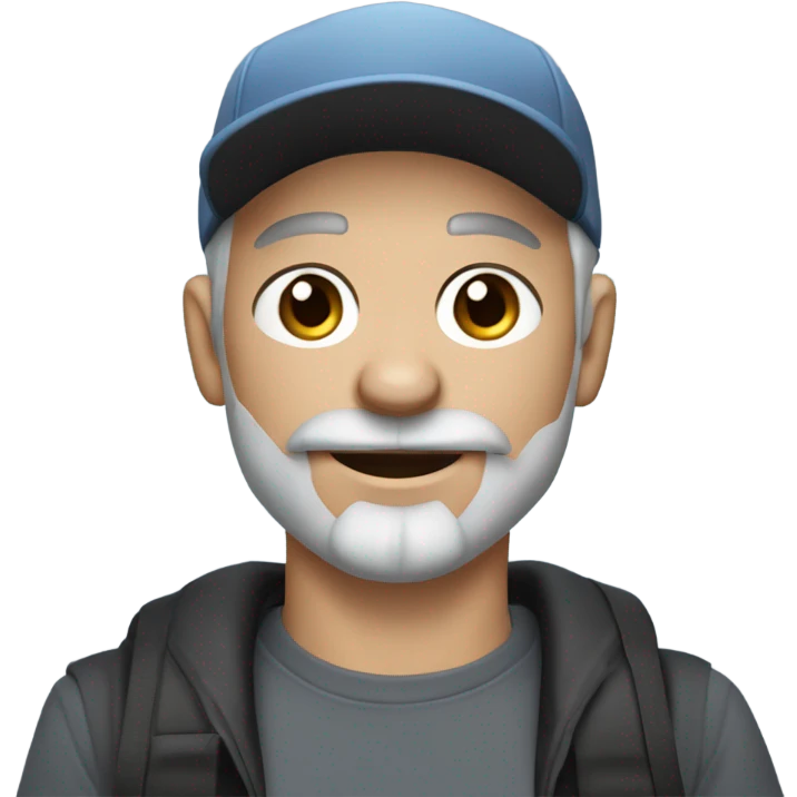 blue eyed man, with grey hair,  grey goatee, wearing ball cap, holding long hair black chihuahua emoji