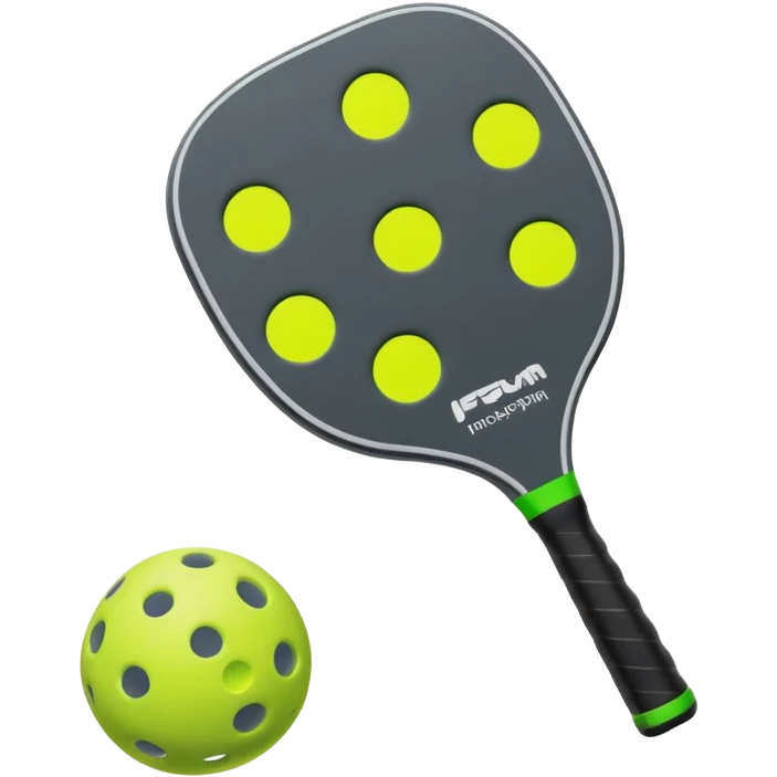 Pickleball paddle in dark grey, with pickleball ball in florescent green at 45 degrees emoji