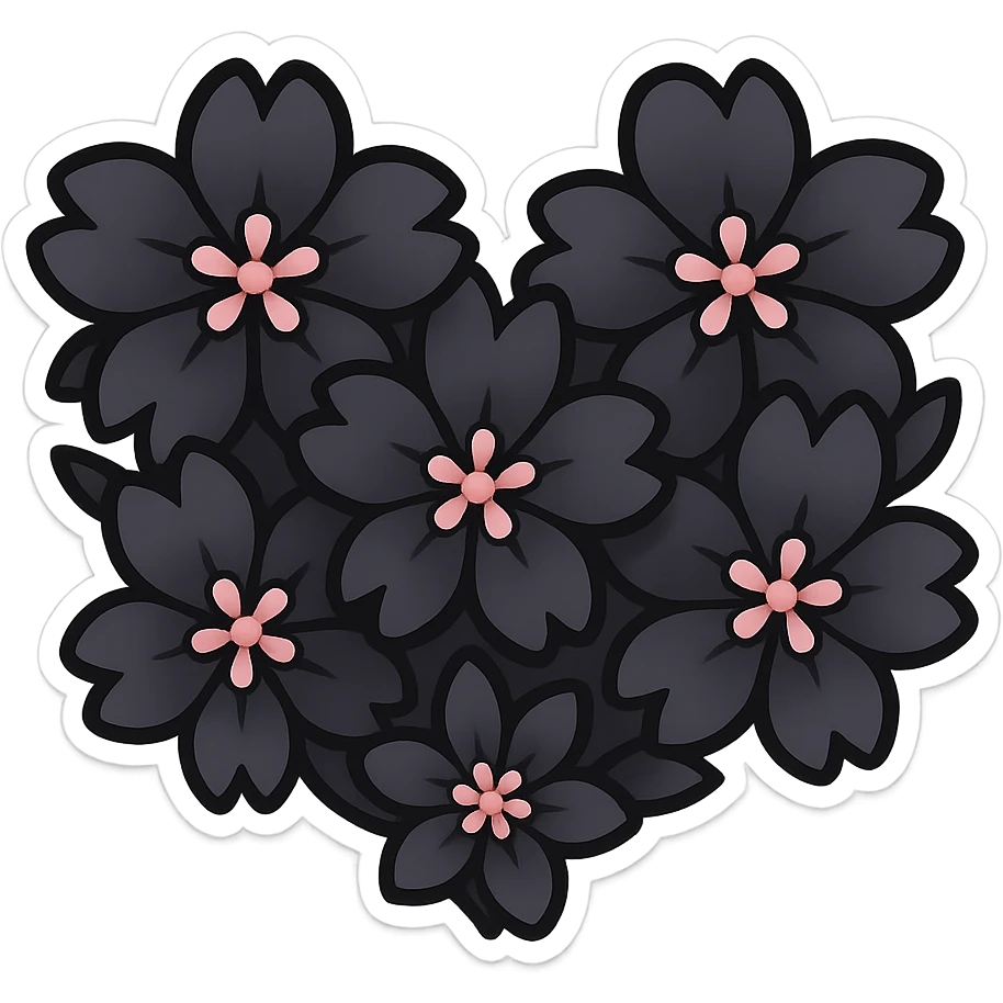 goth sakura heart, heart made of black sakura petals with pink accents, adorable and bold emoji