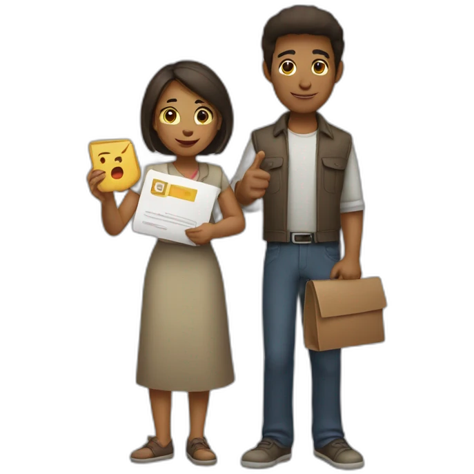 Two characters.  The female character is holding the letter "E" in her hands, and the male character is holding the letter "Y" in her hands. emoji