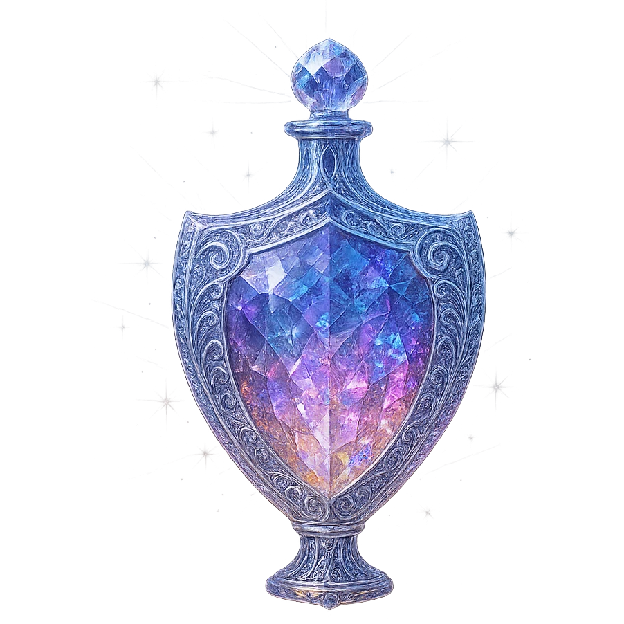 ultra luxurious crystal elixir bottle in shield shape, elegant gradient color palette, multi-layered holographic and silver filigree, intricate crystal texture, magical glowing and sparkling effects, radiant light beams, very small neck, seamless ornate bottom, transparent background, bottle clearly floating in air, no base or shadow, modern, collection style, extremely beautiful and refined emoji