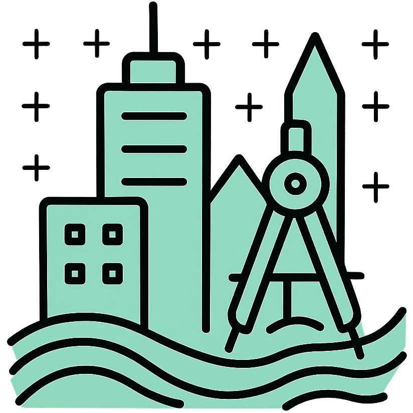 Modern city skyline with blueprint grid and a compass, fluid lines, dimensional techy style, black outlines with mint green #B5F4D3 fills emoji