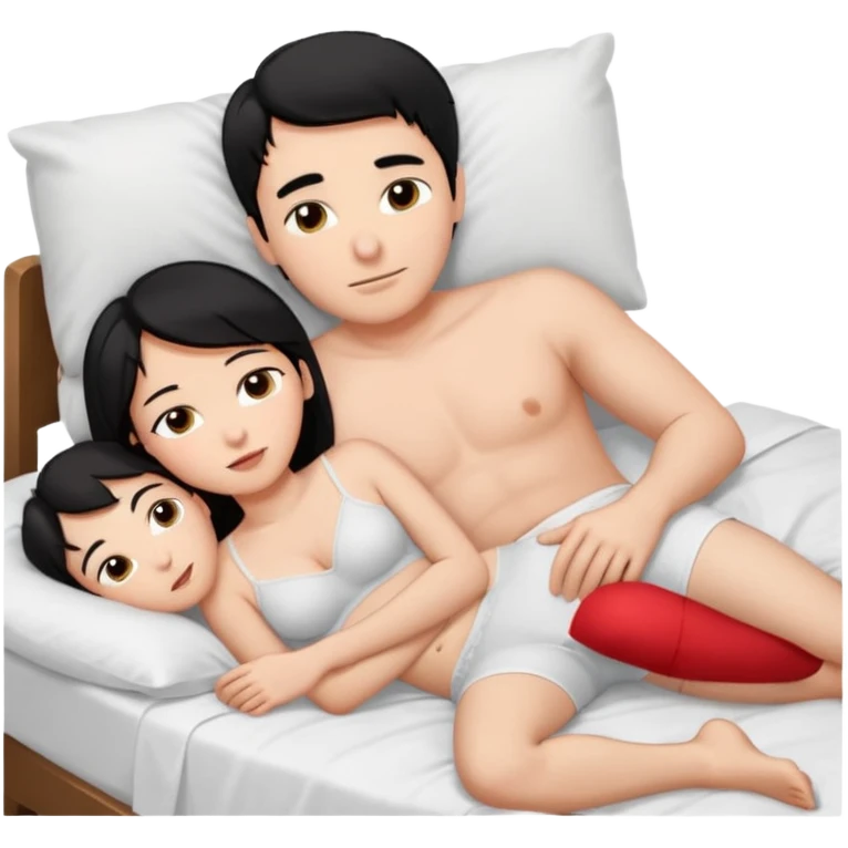 Мужчина и женщина спять в одной кровати, муж - черные волосы, в трусах лежит прямо на спину. На правой руке лежит голая девушка.на левый в бок, на правой руке мужа. Жена поставила правую ногу на живот мужа. emoji