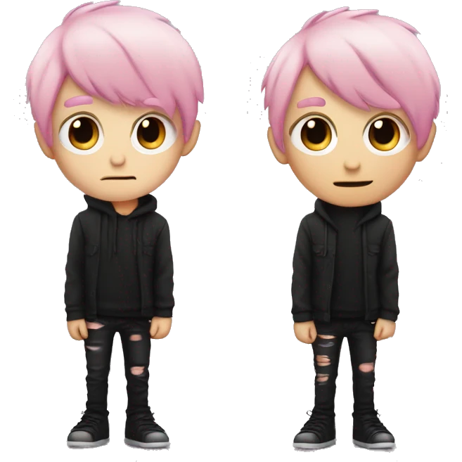 Create an emoji of an emo guy with split-dyed hair—one side pastel pink and the other side black. The hair should have a slightly messy, choppy texture, and the character should have a subtle, sad expression, wearing dark clothing typical of emo fashion emoji