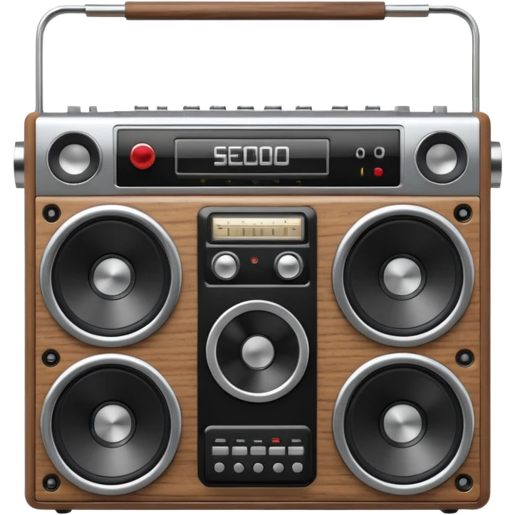 3D render of Boombox, vintage 1980s audio equipment aesthetic, tactile analog buttons, silver chrome body with black speakers, mixed wood grain and brushed aluminum textures, Apple emoji style, isolated on white background --v 6.0 emoji