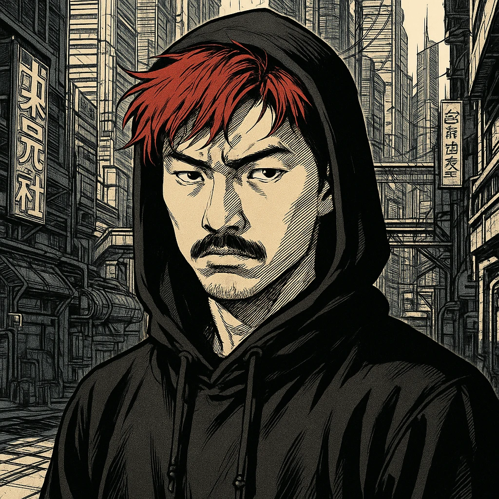 Asian man with black mustache, red hair, black hoodie, Ghost in the Shell manga style, futuristic city background, sharp shadows, high detail emoji