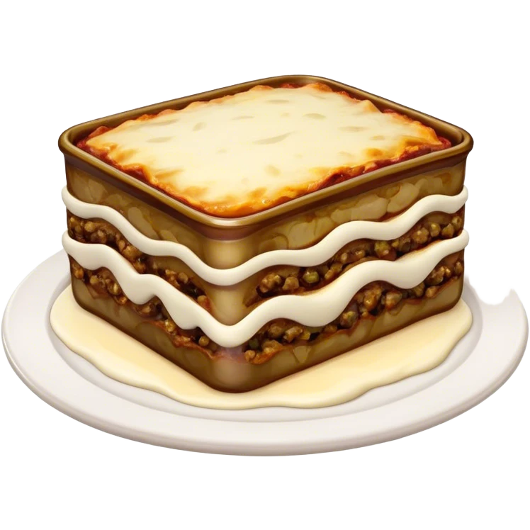 Cinematic Realistic Moussaka Dish Emoji, depicted with layers of eggplant, minced meat, and b√©chamel sauce rendered with rich textures and warm, inviting lighting that captures its Mediterranean flavor. emoji
