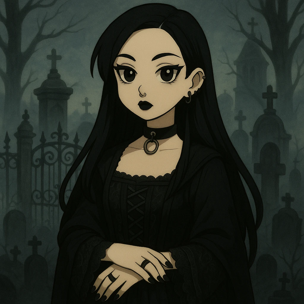 Add a gothic background with a graveyard, wrought iron gates, and mist. Keep Mona Lisa goth with piercings and black nails, maintaining the gothic style. emoji