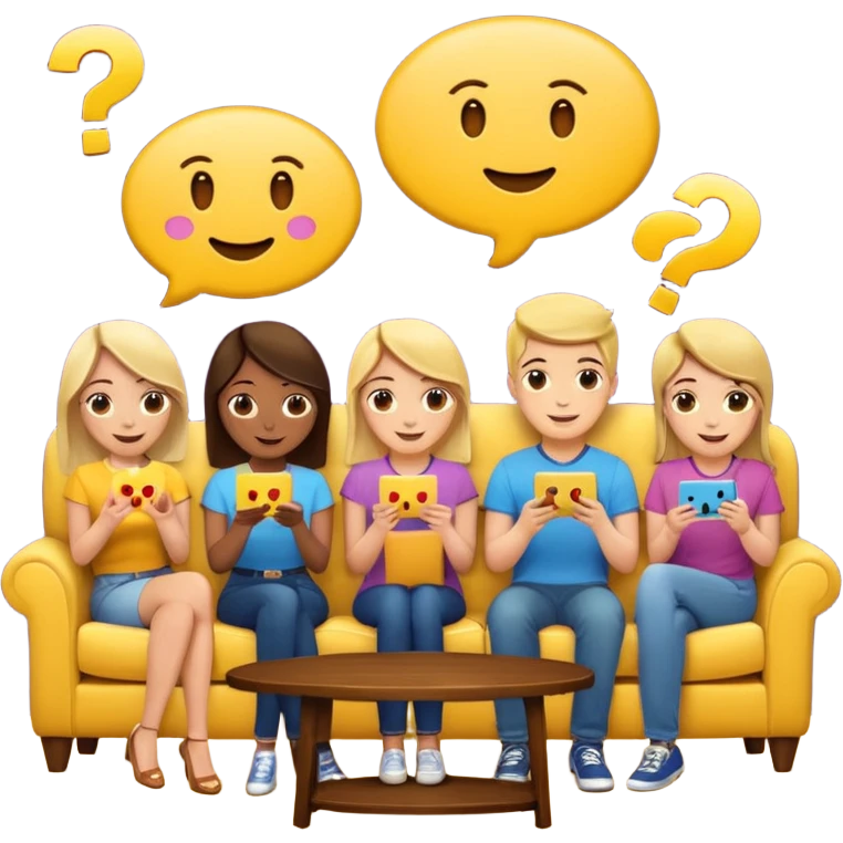 group of friends on couch playing a trivia game couch should be deep dark yellow color.  include a small wooden table in front of the couch as well.  Add smiling face emoji and question marks above their heads emoji