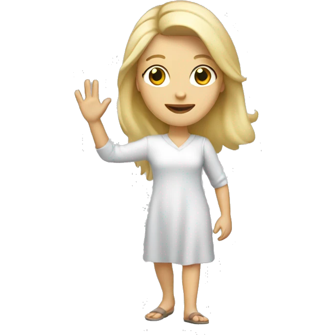 walking, white woman, a blonde, friendly waving, casual dress emoji