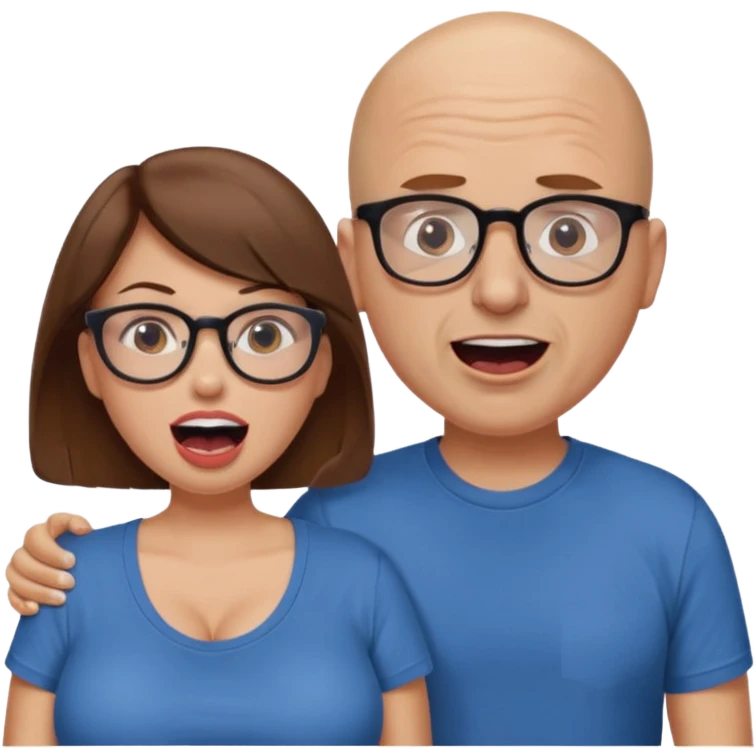Woman kneeling with very large boobs, t-shirt, brown hair and mouth wide open. Bald man with glasses standing next to woman. emoji