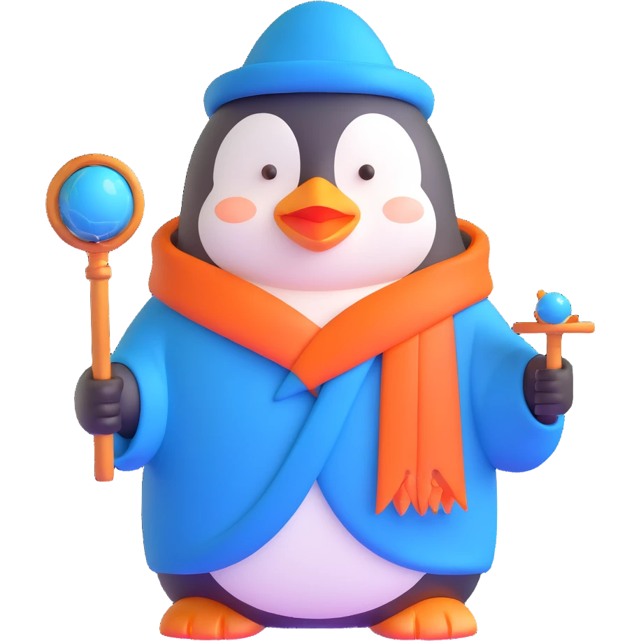 penguin wizard with a blue robe and magical staff emoji