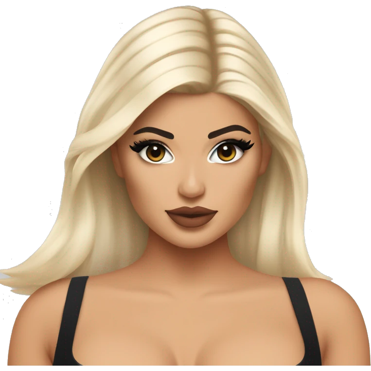 Emoji of Kylie Jenner with blonde hair in a black mini dress with bra, confidently pointing forward with a stylish, influencer vibe emoji