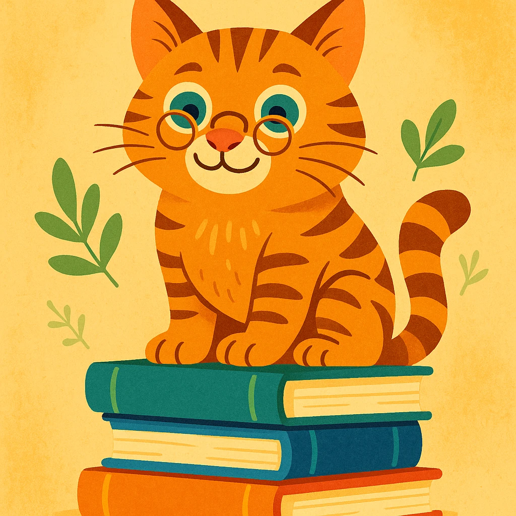 a wise old tabby cat wearing tiny reading glasses, sitting atop a stack of books, whimsical storybook style emoji