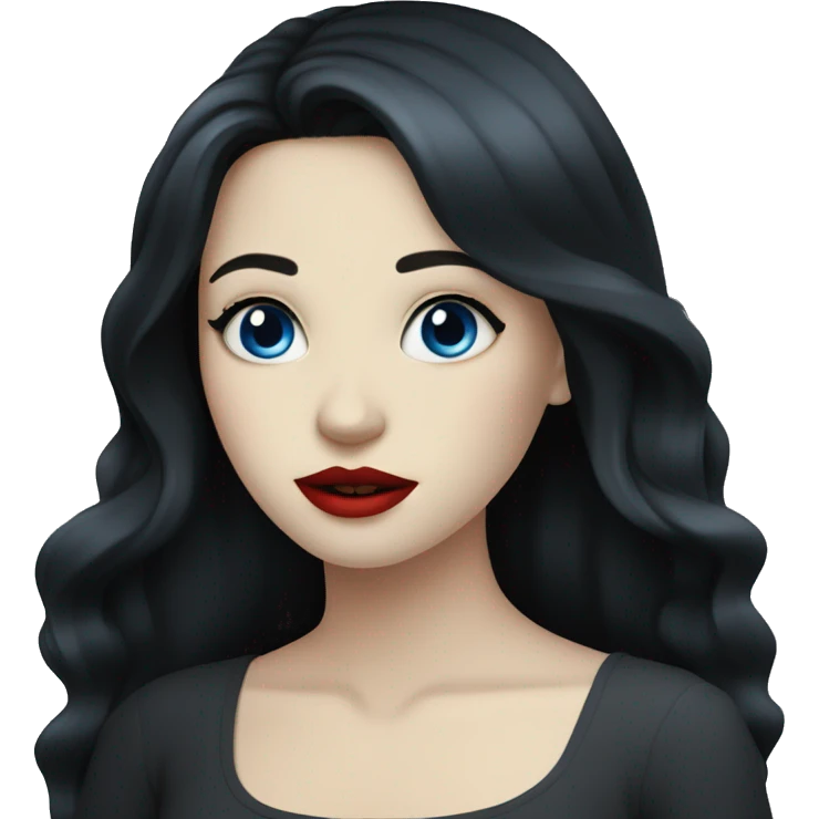 A girl with pale skin, long black hair and blue eyes, with red lips emoji
