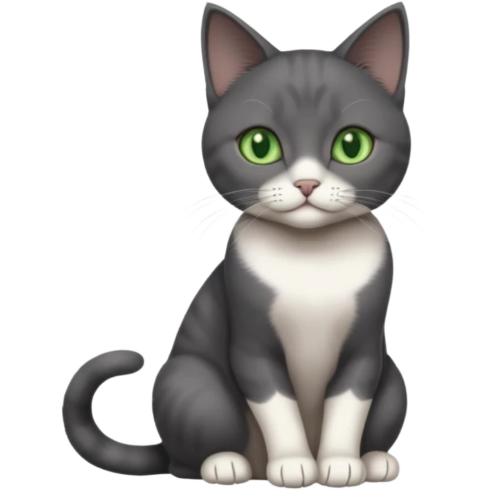 beautiful female solid dark grey cat with green eyes, white toes/paws and white patch on her chest playing emoji