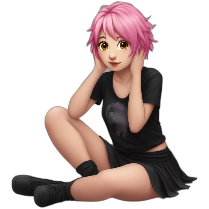Front view curvy emo girl pink hair sits on the floor straight view hands up black skirt полосатые рваные чулки emoji