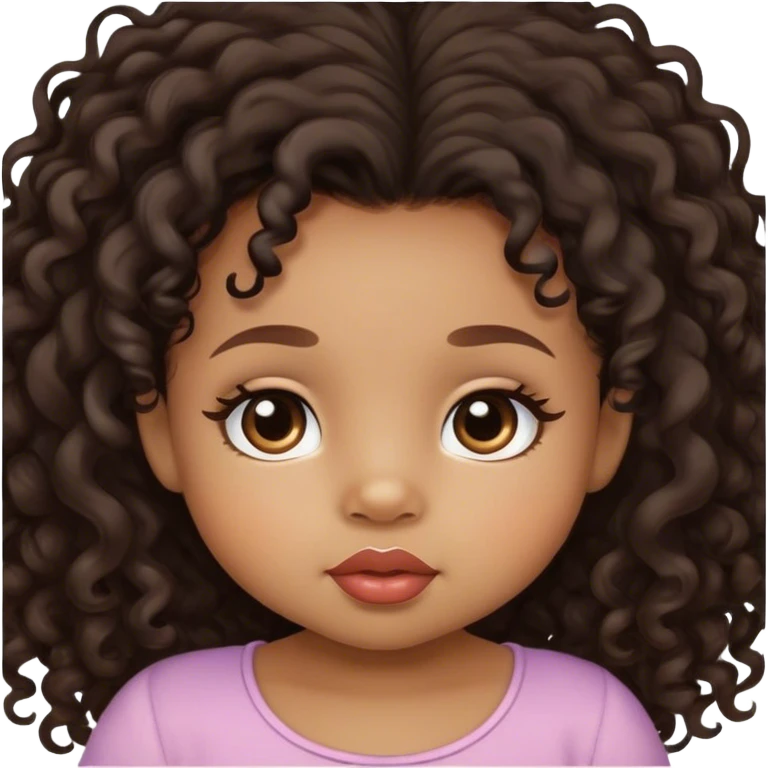 light brown skin tone, very adorable toddler, with big plump lips, long long lashes, black curly long hair, brown eyes emoji