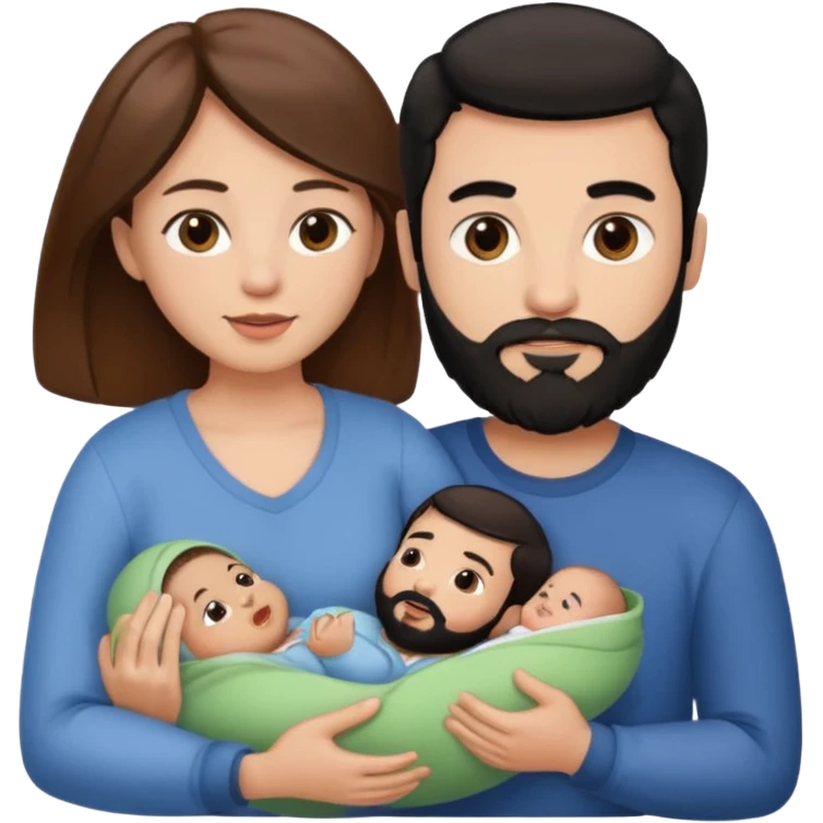 Una mujer con pelo castaño y ojos marrones  con un bebé y un hombre con pelo negro y barba emoji