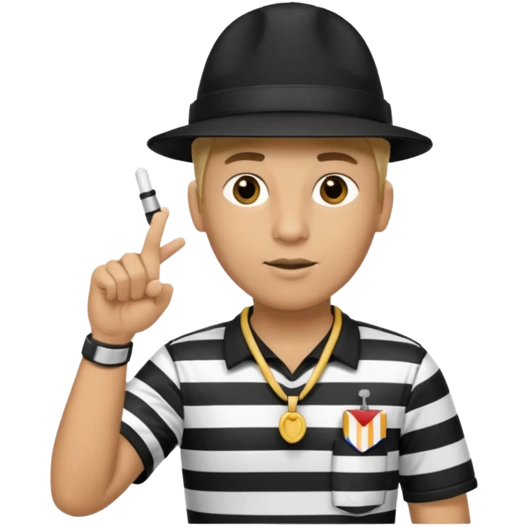 A calm referee with striped shirt, pointing clearly toward the field wearing whistle as a necklace emoji
