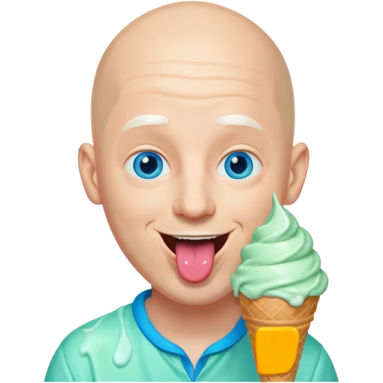 Smiling Bald man with blue eyes with mint ice cream cone all over his face sticking out tongue emoji