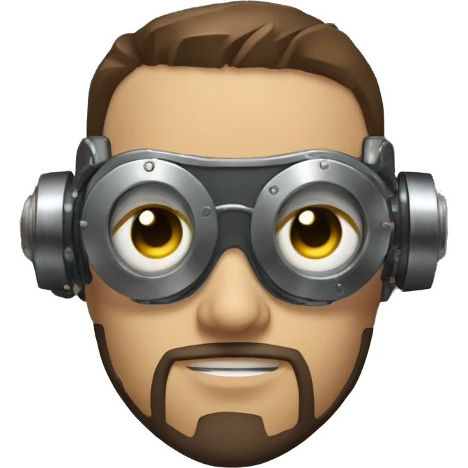 male cyborg head with brown short hair, brown beard, silver steampunk goggles and circuits emoji