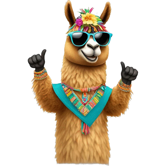 A Peruvian llama wearing sunglasses, making a 'super cool' gesture with its fingers emoji