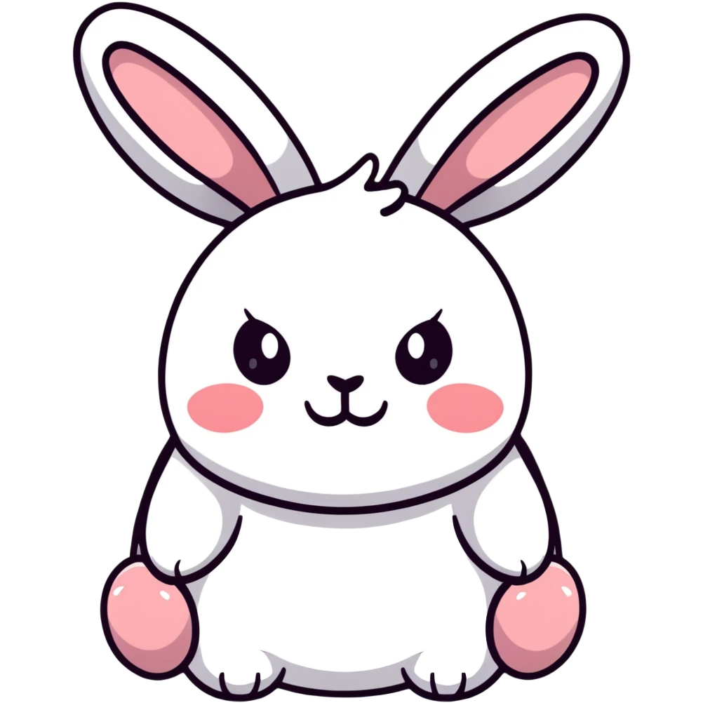 A chubby bunny in perfect Sanrio style like Hello Kitty, ultra simplified design, huge round head, tiny eyes and mouth, no nose, pastel colors, soft round shapes, tiny spikes, adorable expression, clean bold black outline, kawaii emoji