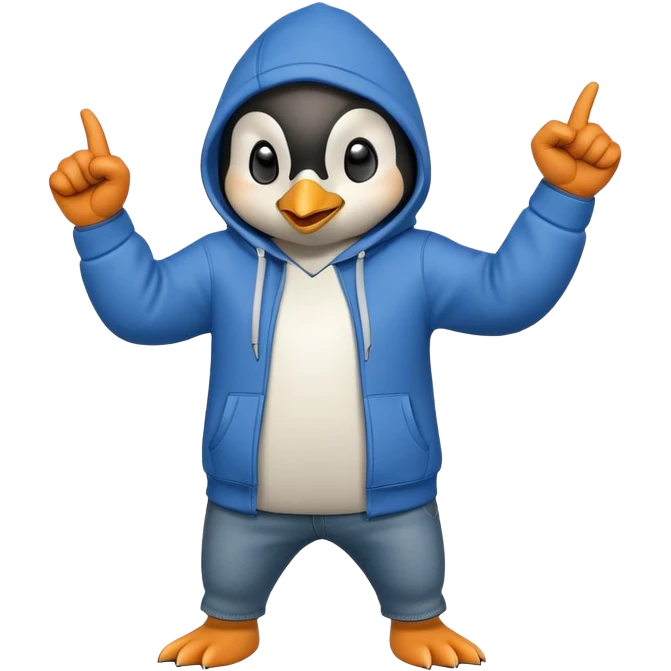 determined anthropomorphised penguin in a hoodie and jeans with fist raised, energetic pose emoji