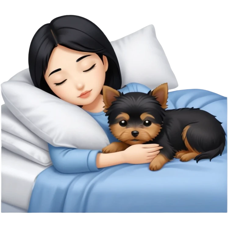 pretty asian girl with black hair sleeping in bed with small yorkshire terrier emoji