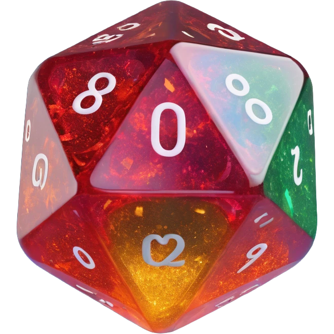 translucent d20 die with glitter emoji