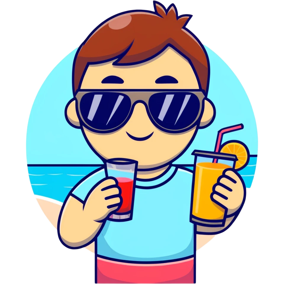 hand with sunglasses, holding fruit juice, on a sunny beach emoji