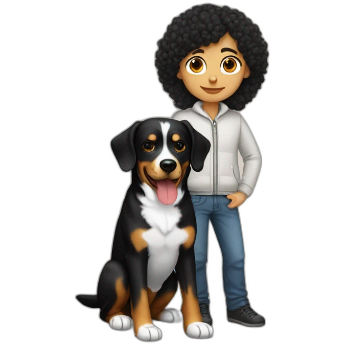 Russian programmer with curly black hair with dog Entlebucher zennenhund emoji