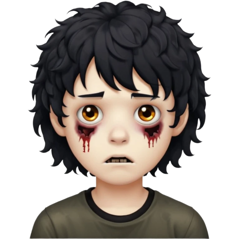 Boy, zombie, black curly wavy hair with bangs, short , round shaped hair, emo, dark, spooky, bored expression emoji