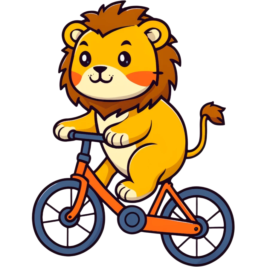 lion riding a bike, cartoon sticker style emoji